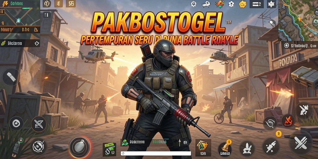 Screenshot utama PAKBOSTOGEL menampilkan pertempuran mendebarkan di arena Battle Royale.