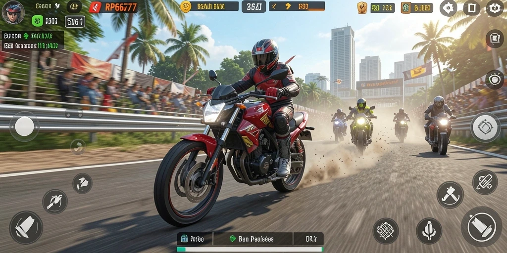 Screenshot menampilkan gameplay seru balapan motor di RP6677.
