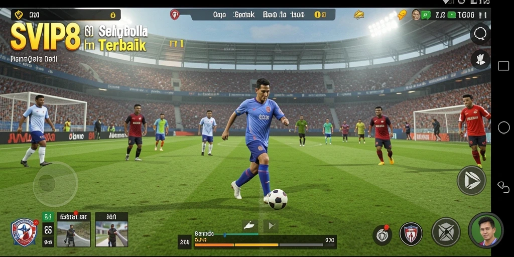 Screenshot dari gameplay SVIP8 yang menunjukkan aksi pertandingan sepak bola.